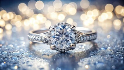 Fototapeta premium A radiant diamond is set within an ornate platinum band, its brilliance enhanced by a subtle focus blur effect radiating a soft, ethereal glow.