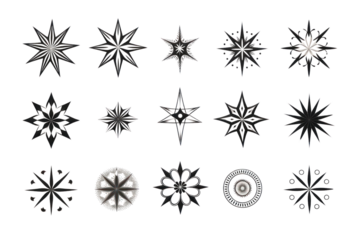 An assortment of simple and intricate star symbols in black and white, isolated on a clean white background