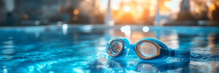Swimming gear resting in the foreground, vibrant pool water and tiles softly blurred in the background, conveying readiness and focus.