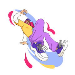 Jumping young character. Happy girl bouncing. Excited woman flying pose. Free flight. Falling motion. Floating dynamic body position. Freestyle dancing. Active movement. Vector joyful trendy person