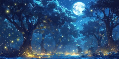 Enchanting Moonlit Forest with Fireflies and a Single Deer