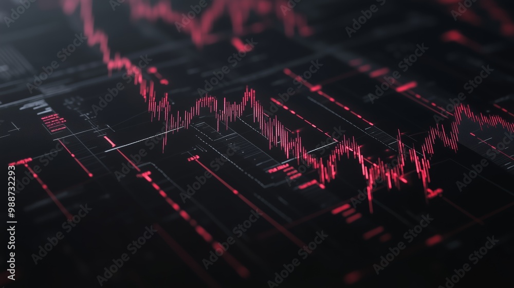 Poster stock market data visualized with fluctuating lines on a digital display in a dark environment showc