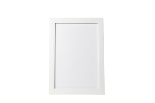 An empty instant photo frame standing upright, with a slight shadow cast on a white surface, Isolated on white background