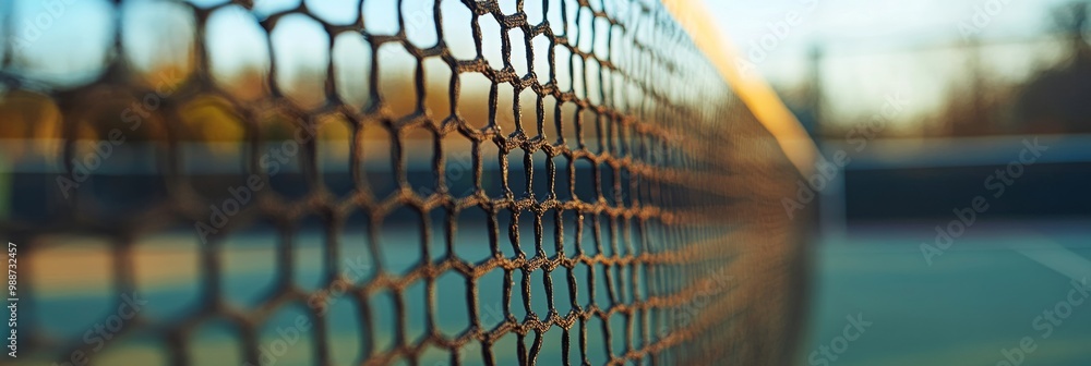 Poster tennis court net with blurred match, intense focus on the net, dynamic action unfolding in the backg