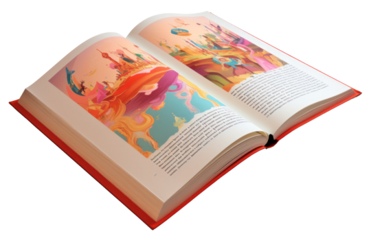 An open book with a colorful illustrated cover and visible text, laid out on a stark white surface Isolated on white background