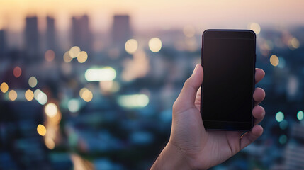 Hand holding smartphone with blank screen against blurred city lights, ideal for app or website mockups