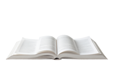 An open book with a colorful illustrated cover and visible text, laid out on a stark white surface Isolated on white background