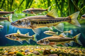 A school of slender fish glides effortlessly through the crystal-clear waters, their elongated bodies mirror-like reflections of the lush greenery and sun-dappled rocks that line the riverbank.