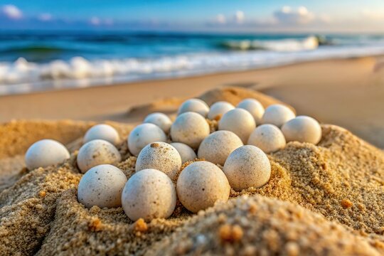 Sea turtle egg cluster in sand on beach at sunrise