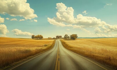 A winding road through a field of golden grass.