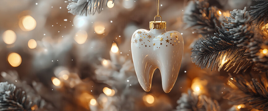Festive 3D tooth toy with golden stars hang on  Christmas tree. Holiday dental decor with lights and frosted pine branches. For seasonal promotions and Christmas campaigns