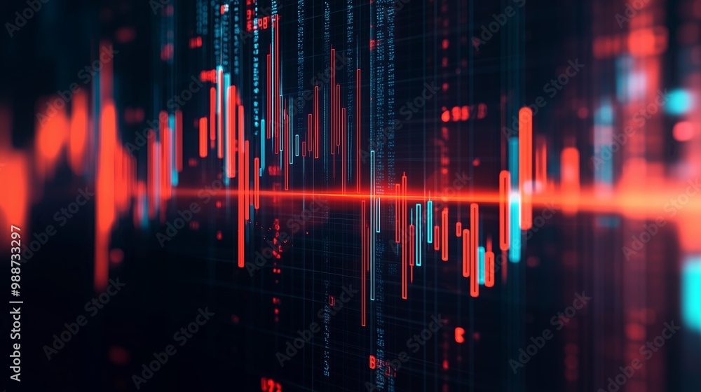 Poster vibrant data visualization of fluctuating metrics displayed on a futuristic digital interface in a t