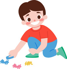 Happy Boy Drawing with Chalk on Pavement