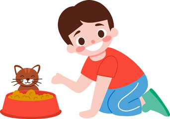 Happy Boy Feeding His Cat with Food Bowl