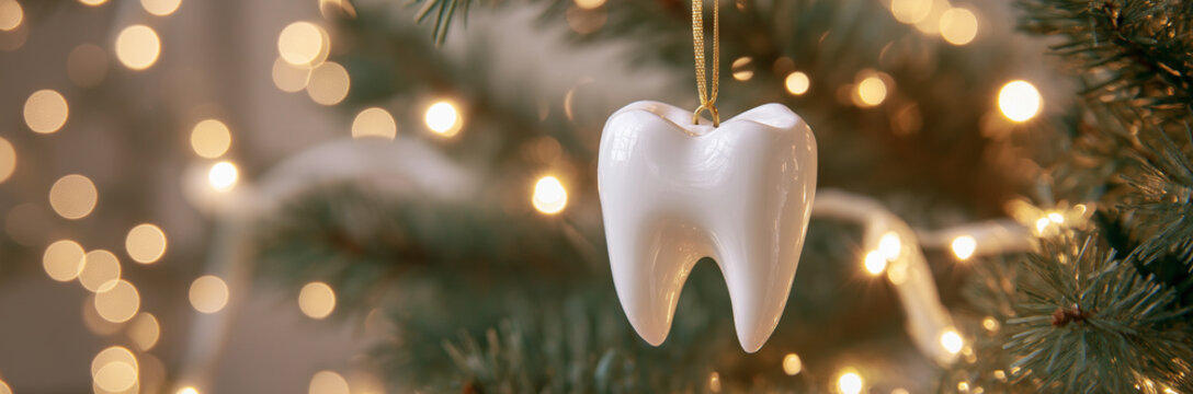 Festive 3D tooth toy with golden stars hang on  Christmas tree. Holiday dental decor with lights and frosted pine branches. For seasonal promotions and Christmas campaigns
