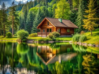 Obraz premium A serene log cabin settles among the calm waters of a lake, adorned by vibrant greenery and a sense of peaceful solitude.