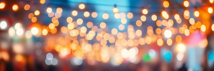 Fototapeta premium Festival lights illuminate the night sky, creating a vibrant glow above a gently blurred crowd enjoying the festivities below