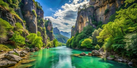 Fototapeta premium A serene river winds its way through a breathtaking canyon, surrounded by emerald greenery and impressive rock formations that touch the sky.