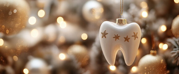 Festive 3D tooth toy with golden stars hang on  Christmas tree. Holiday dental decor with lights and frosted pine branches. For seasonal promotions and Christmas campaigns