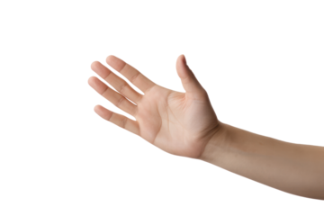 Close-up of a human hand extending outward against a plain white background, with fingers slightly spread, Isolated on white background