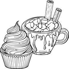 Hot chocolate with marshmallow and cupcake with whipped cream. Sweet breakfast with cocoa or coffee. Vector illustration in hand drawn sketch doodle style. Line art isolated on white for coloring book
