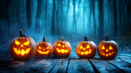 Obraz premium Carved pumpkins on ground, dark forest backdrop. Halloween night with spooky mood, lit by jack-o'-lanterns.