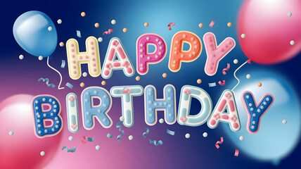 Happy Birthday. multicolor letters and metallic blue background. Date of birth, happiness, birhtday party, celebration.