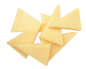 Flying Cheese triangle pieces isolated on white background. Swiss cheese slices for package design