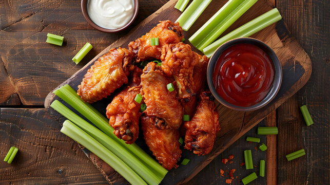 Crispy Chicken Wings with Celery Sticks and Dips