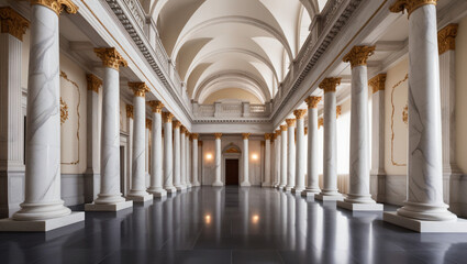 It features white marble columns and a classical design evoking a feeling of luxury and history.