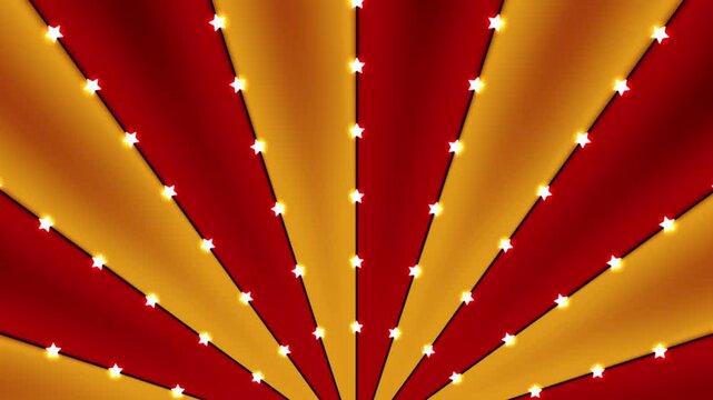 Circus animated rotation looped background of red and gold lines stripe with star constellations light bulbs tinsel. Retro motion graphic sun beam ray. Fun fair burst.