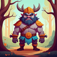 Fierce Fantasy Dwarf Warrior Illustration - Digital Art of a Brave Character with Horned Helmet on Forest Path