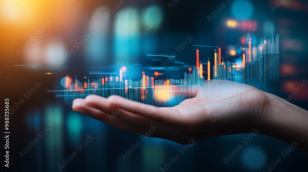 Poster a hand holding a digital stock chart with rising values against a blurred background of financial da