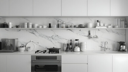 Modern White Kitchen Design with Marble Countertops and Stainless Steel Appliances