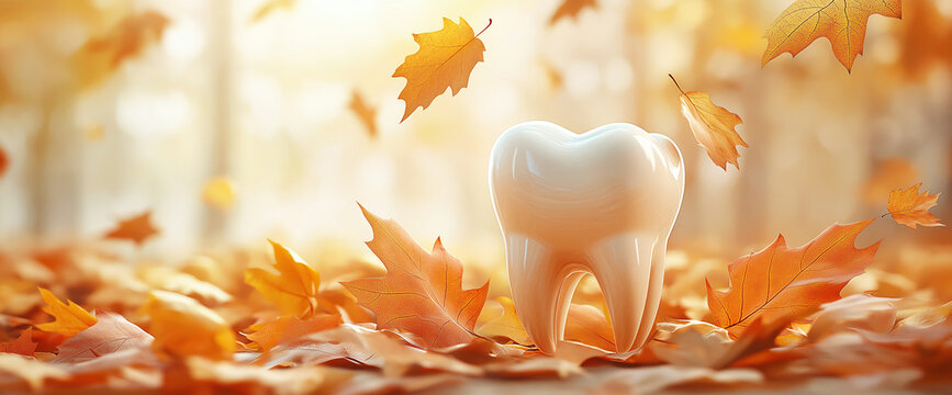 3D tooth surround by falling autumn leaves. Warm and cozy seasonal dental-themed image. For autumn promotions and healthcare campaigns with a focus on dental care