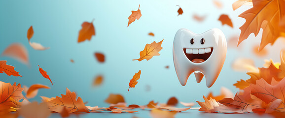 Adorable 3D tooth hold pink umbrella in  field of flowers during rainy day. Cute and cheerful dental character. For spring or rainy weather promotions with healthcare themes