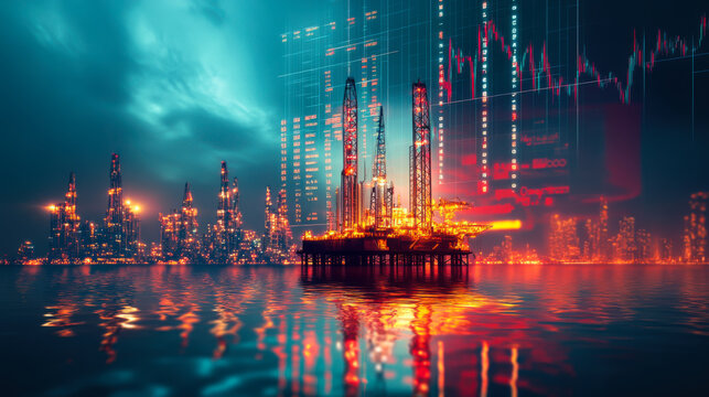 A vibrant offshore oil rig illuminated at night amidst digital financial charts and data visualizations reflecting on the water