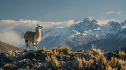 Llama Standing on a Mountaintop with Snow-Covered Peaks