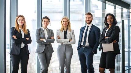 Fototapeta premium A diverse group of business professionals stand confidently in a modern office setting.