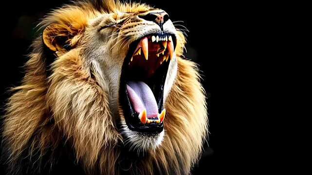 Powerful lion roaring in the dark, displaying sharp teeth and fierce expression, symbolizing strength, wildlife, and predatory instincts.

