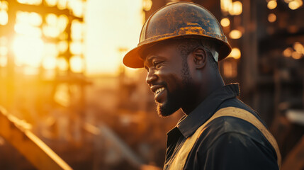 A smiling worker enjoying the sunset at a construction site, showcasing positivity and dedication after a long day's work