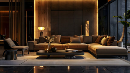 Modern Living Room Interior Design with Sectional Sofa and Warm Lighting