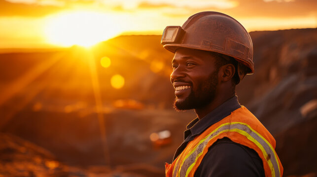 A smiling worker enjoying the sunset at a construction site, showcasing positivity and dedication after a long day's work