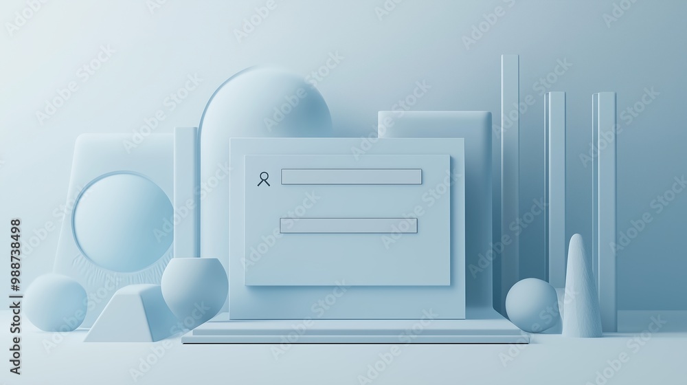 Poster modern digital workspace with abstract geometric shapes and a login interface on a minimalist backgr