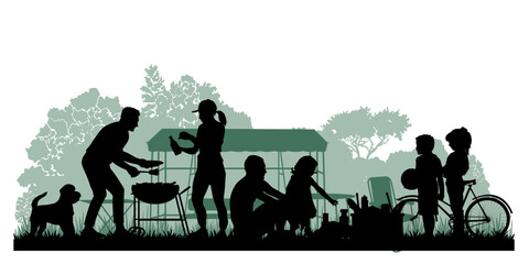 Family silhouettes. Father, mother and children had a picnic in nature. Vector illustration	

