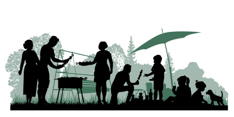 Family silhouettes. Father, mother and children had a picnic in nature. Vector illustration	
