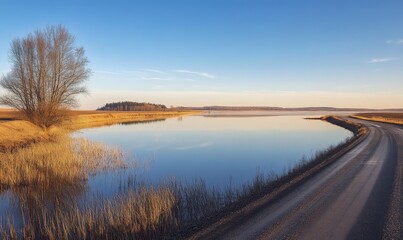 A dirt road curves near a lake, under a blue