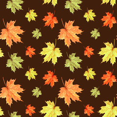 Autumn maple leaves seamless pattern. Fall foliage botanical background for pattern fills. Hand drawn watercolor illustration. Thanksgiving background. Template for wallpaper, website, card, fabric.