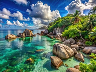 Azure waters lap gently against granitic boulders, surrounded by lush vegetation on a tranquil island haven, a serene escape from the hustle and bustle.