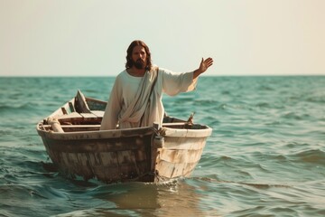 Fototapeta premium Jesus Christ in White Robe Standing on Boat on Calm Sea During Daytime